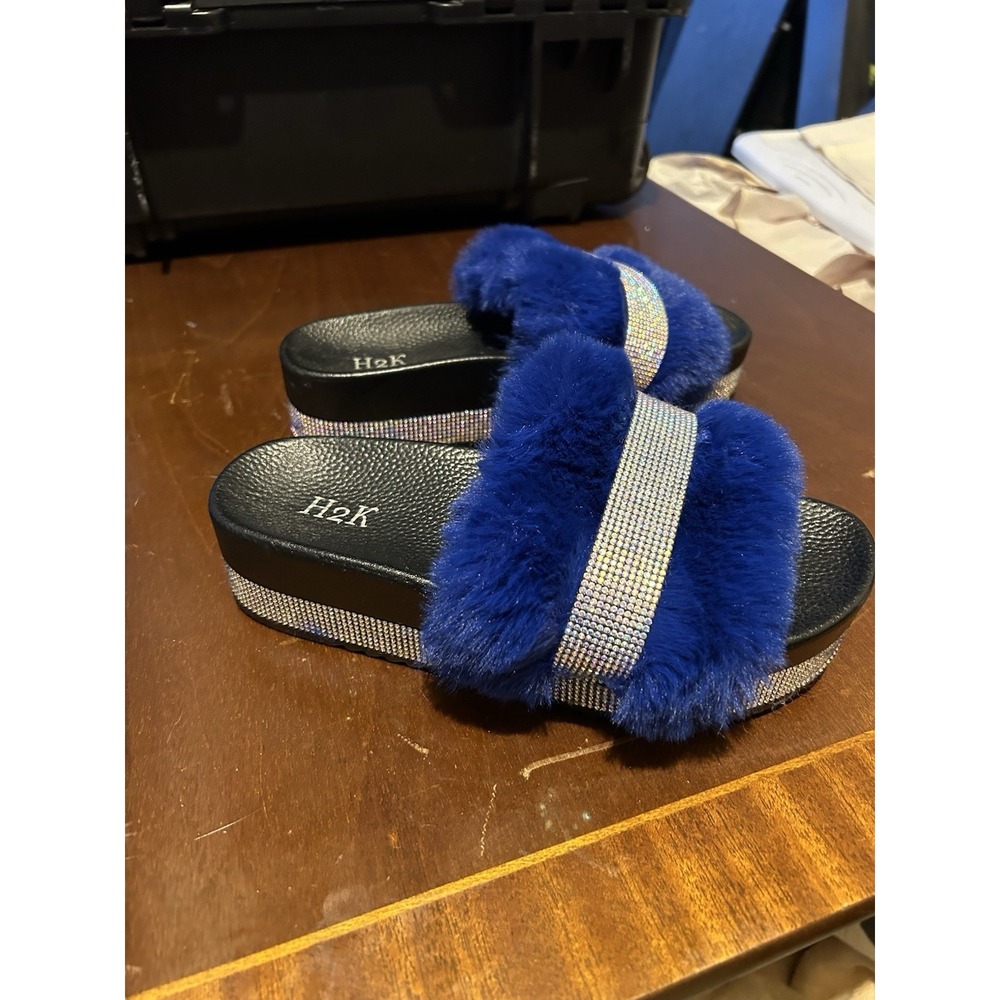 H2K Blue Faux Fur Rhinestone Platform Slides Sandals Women's Size 8